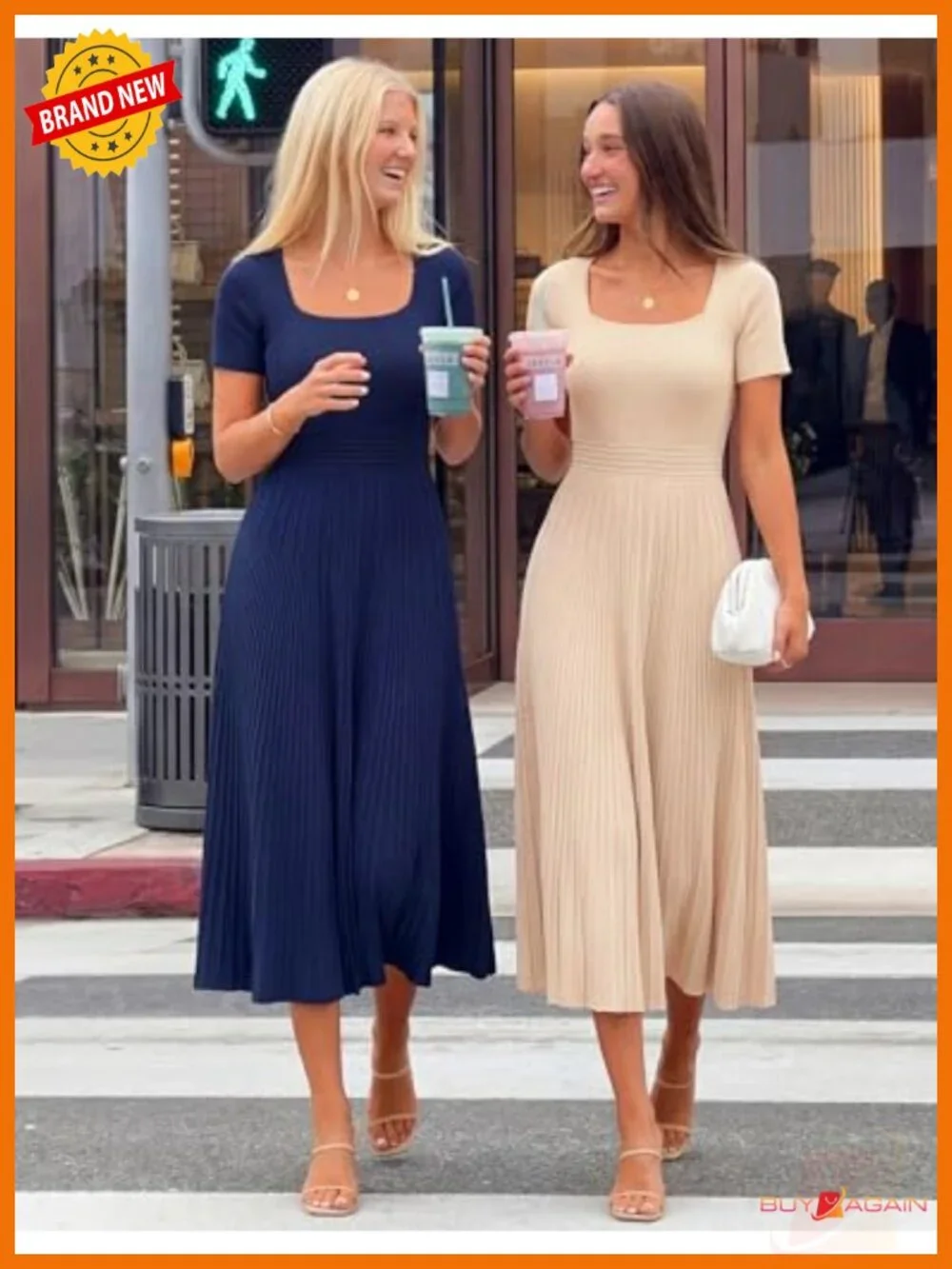 Pleated Midi Sweater Dress Square Neck Short Sleeve A-Line